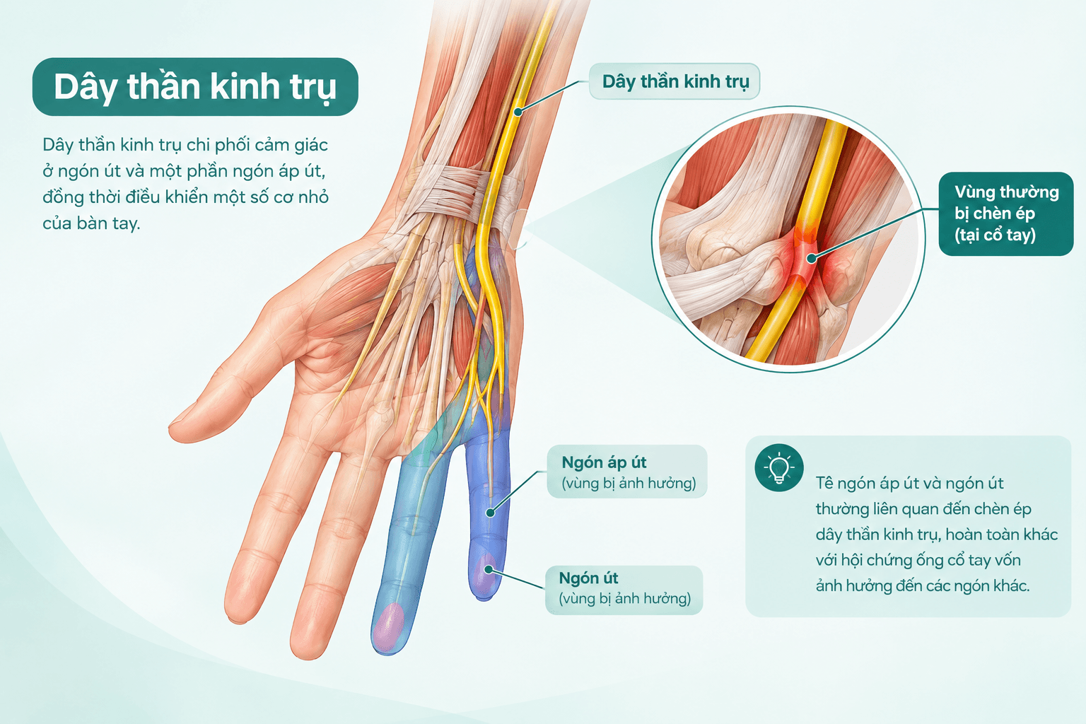Minh họa tê ngón áp út và ngón út do chèn ép dây thần kinh trụ